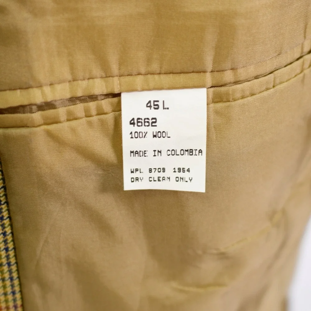 Nautica Wool Tan Green‎ Blue Houndstooth W/ Yellow Red Windowpane 46L Sport Coat